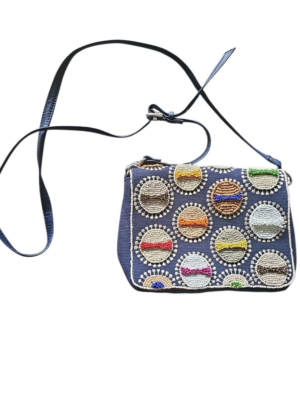 Chico’s Beaded Crossbody Clutch Purse Navy Multicolor Boho Bag